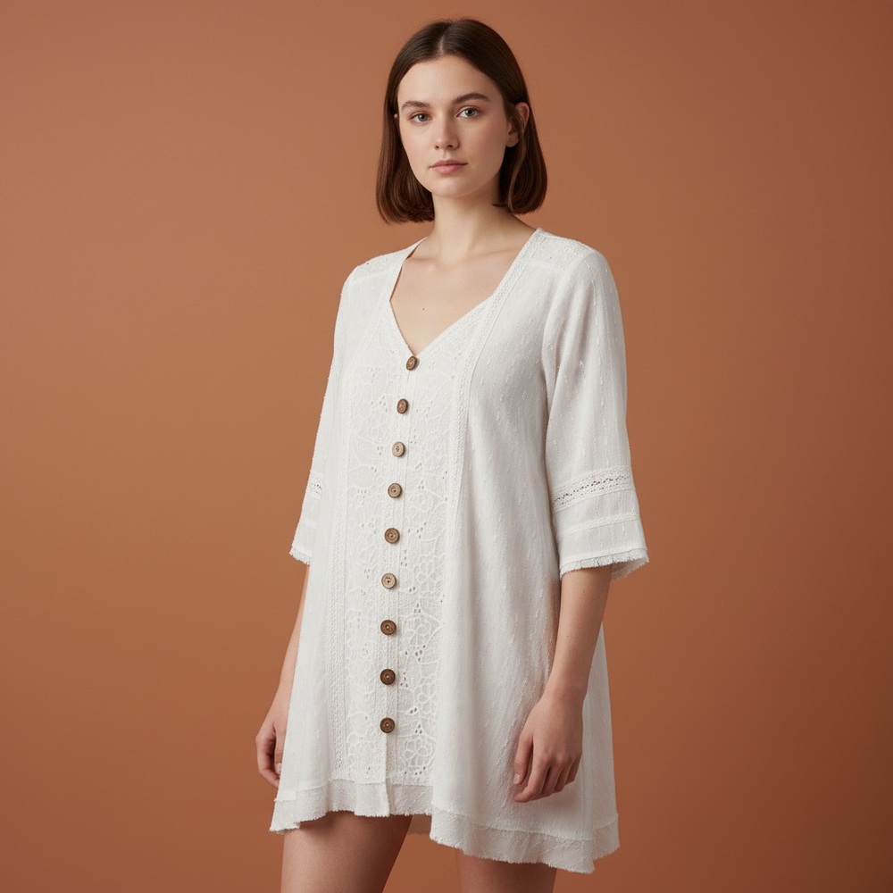 VICI White Button-Front Mini Dress with Lace Insets and wood Buttons